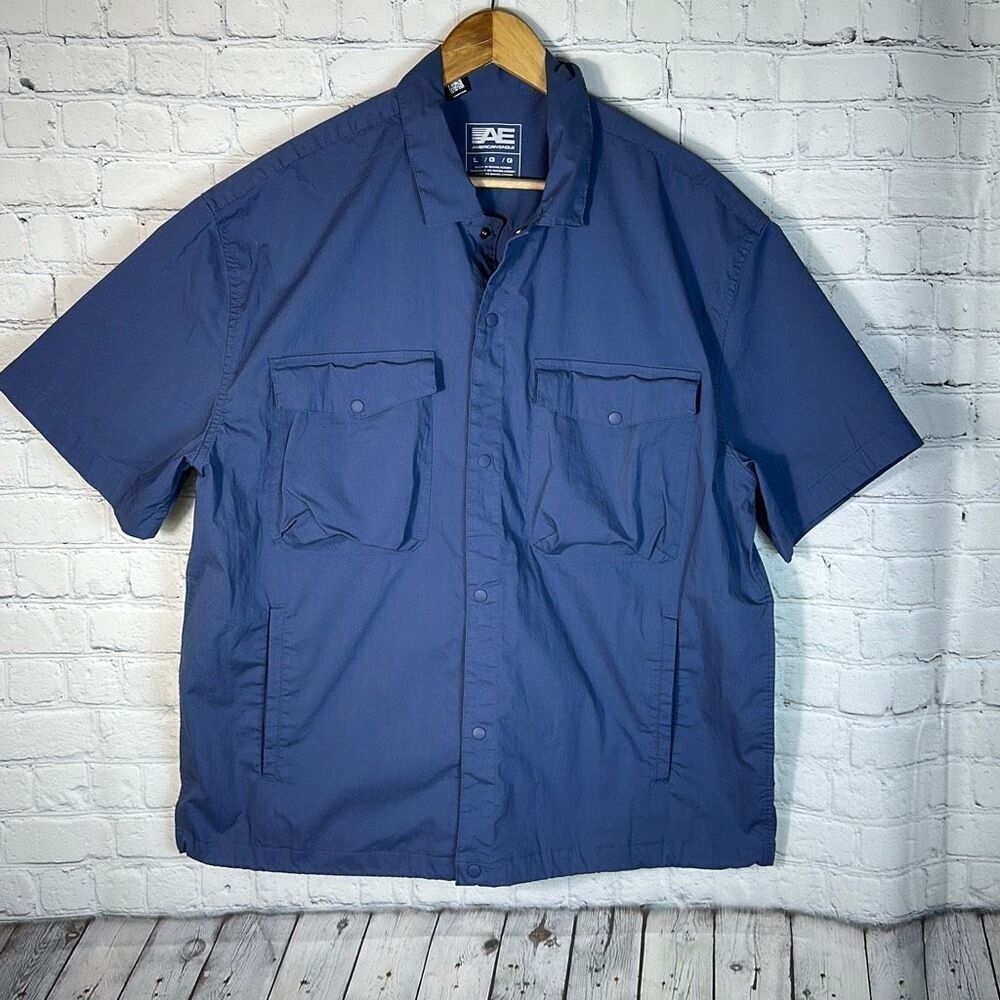 American Eagle Men’s Blue Camp Shirt Shacket Short Sleeve Snap Buttons L large